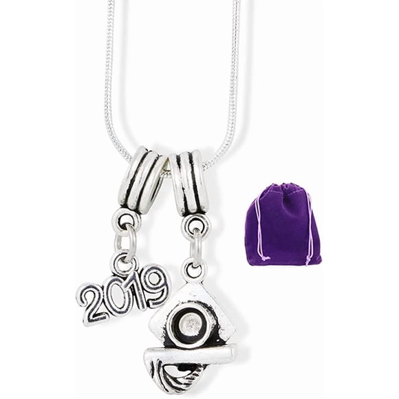 2019 Graduation Necklace Pendant Class of 2019 Jewelry Diploma Cap Silver Plated Snake Chain Bundled with 2019 Grad Graduation Charm Keychain