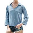 thumbnail image 1 of Women Pocket Long Sleeve Stand Collar V Neck Solid Color Shirt, 1 of 7