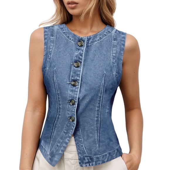 Women'S Short Denim Vest Women'S Outerwear Vests Blue M