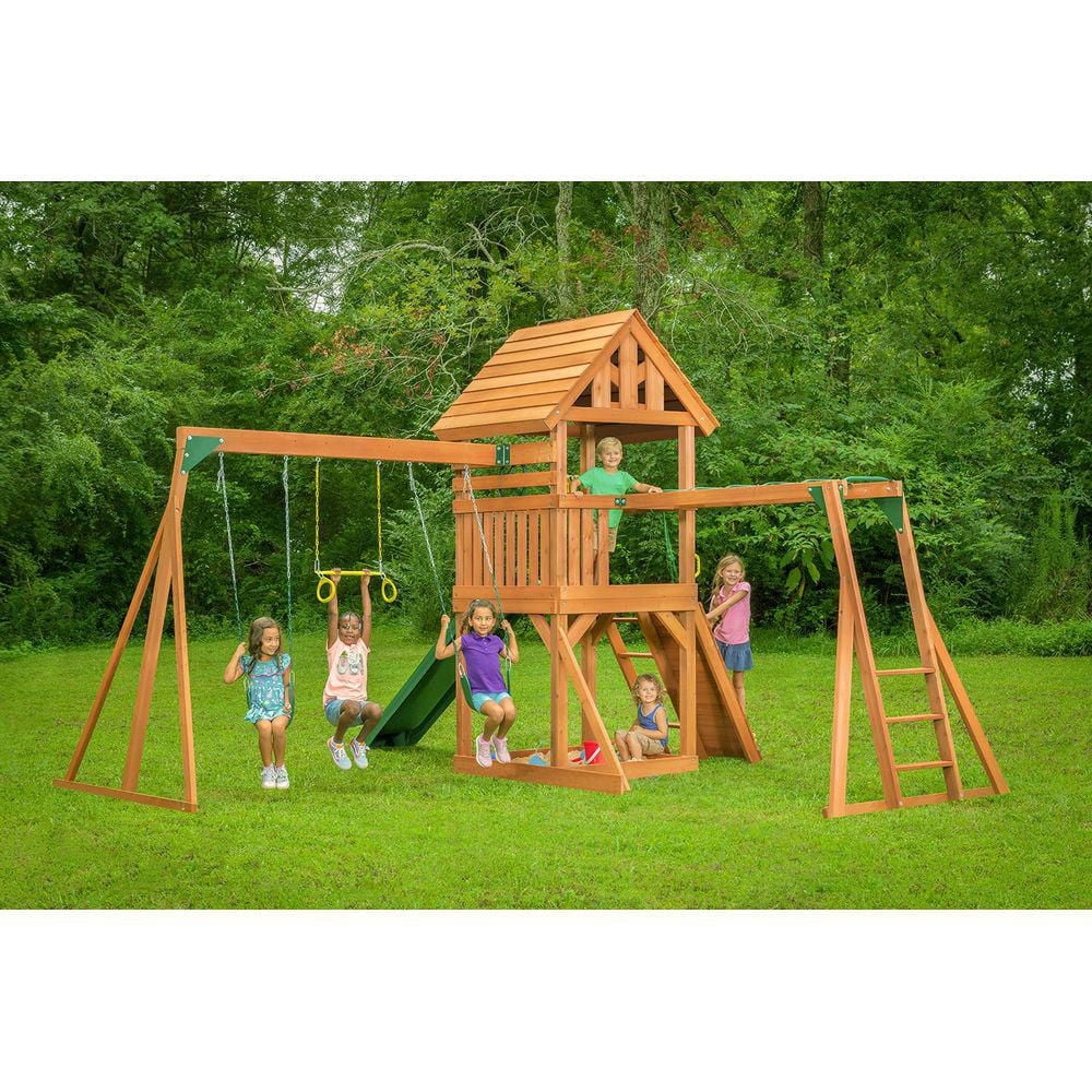 Creative Cedar Designs Mountain View Lodge Wooden Playset with Rock Wall