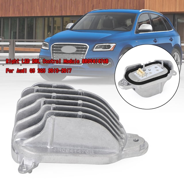 Right LED DRL Control Module 8R0941476B designed for Audi Q5 and SQ5 models from 2013 to 2017. The module is made of durable metal with a lightweight, anti-rust, and colorfast design. It features stable performance and high reliability, making it a direct replacement for the front right placement. The image shows the module in detail with its fins and connectors, alongside a blue Audi Q5 in the background for context.