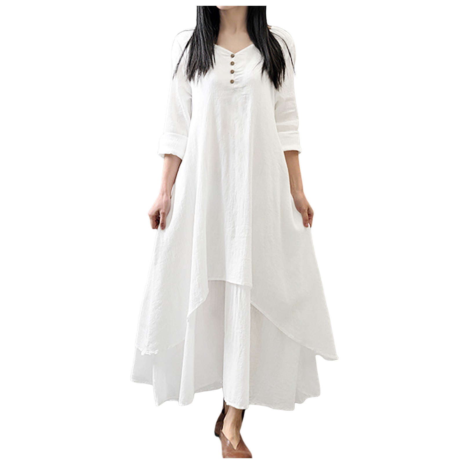 XDZJLR Womens Dresses formal Ladies Two Large Swing Linen Loose Long Sleeved Linen Dress