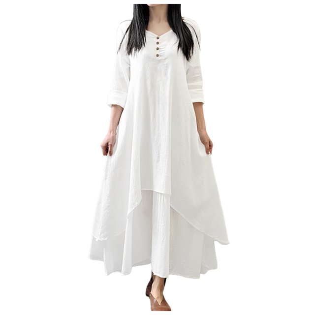 XDZJLR Robes pour Femmes Formelles Dames Deux Grandes Évasées Lin Ample à Manches Longues Robe en Lin