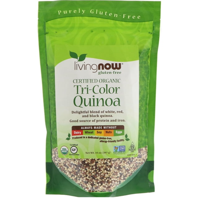 Now Foods Organic Tri-Color Quinoa, 14 oz (397 g), a blend of white, red, and black quinoa in a resealable green package. Certified USDA Organic, Gluten-Free, Non-GMO, and CRC Pareve. Perfect for pantry food, vegetarian recipes, soups, stews, and healthy grains.