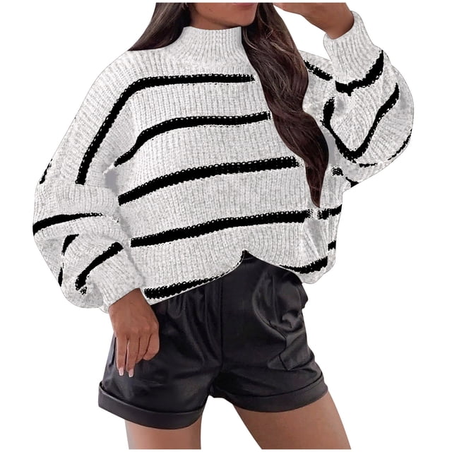 Besolor Chandails à Demi-Col Roulé pour Femmes, Tricot Rayé à Manches Longues, Chandail Ample Décontracté, Hauts d'Automne, Blouses Tendance