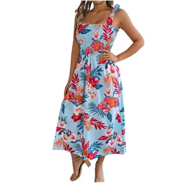 Amzcrzy Robe de Plage pour Femme Été Hawaii Midi Robe d'Été Sans Manches Robe Trapèze Décontractée Robe T-Shirt à Fleurs Robe Fluide de Plage S-TG