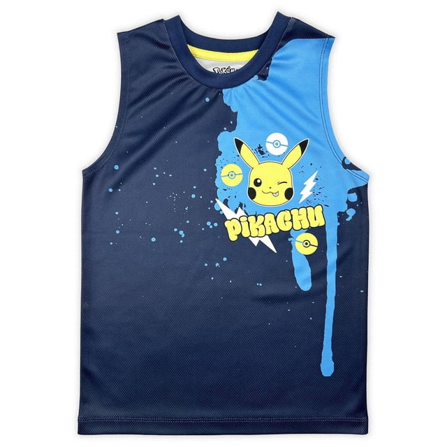 Pokemon Boy's crew neck tank top in navy featuring a winking Pikachu graphic with yellow and white Pokeballs and lightning bolts, made of breathable 100% polyester fabric, machine washable, designed in Canada, suitable for casual and active wear.