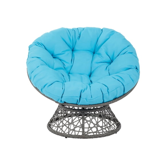 OSP Home Furnishings Wicker Papasan Chair with 360-Degree Swivel, Grey Frame with Blue Cushion