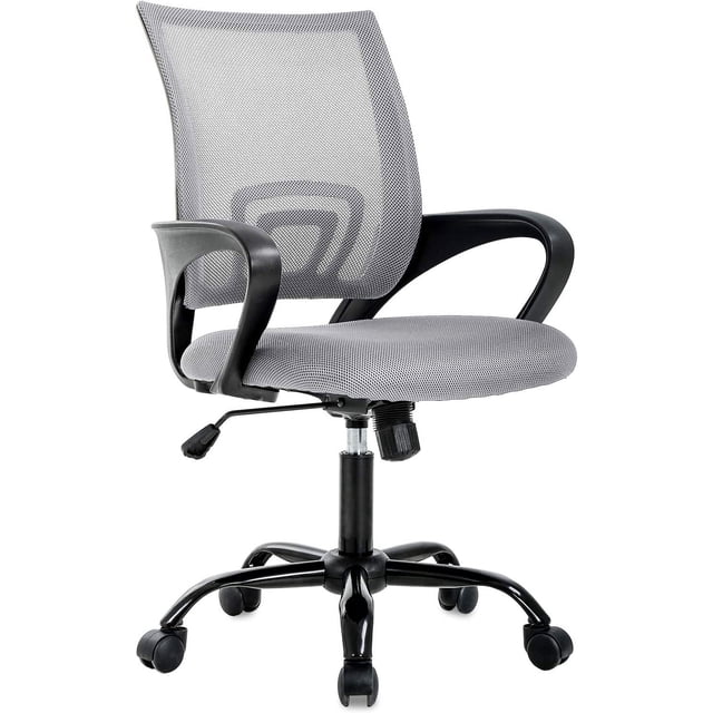 BestOffice Office Chair Ergonomic Mesh Lumbar Support Modern Executive Adjustable Stool Rolling for Back Pain, Grey. Designed with a breathable mesh backrest for lumbar support, padded seat, and adjustable height lever for ergonomic comfort. Features a swivel base with durable caster wheels for smooth 360° movement. Ideal as a modern grey swivel chair for office or home workspace.