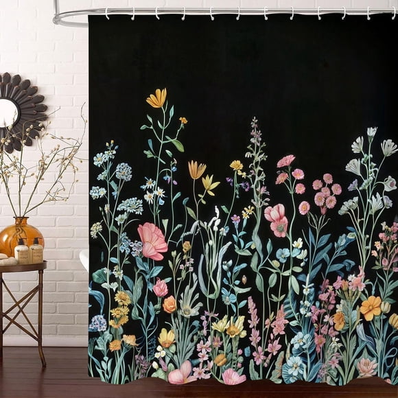 Rideau de Douche Noir à Motif Floral Vintage - Esthétique Bohème Fleurs Sauvages Sombres Fleurs Botaniques Plantes de Ferme Art Chic Accessoires de Salle de Bain 72x72 Pouces avec Crochets
