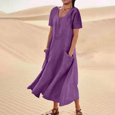Beach Dresses for Women 2025 Women's Summer Dresses 2025 Cotton Linen Short Sleeve Dress Crew Neck Loose Casual Tunic Beach Dresses with Pockets Vestidos Para Fiestas Elegantes