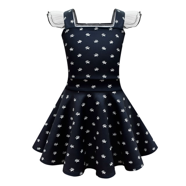 HAWEE Costume d'Addams pour Filles Robe Noire à Manches Volantées Robe Décontractée Fête d'Halloween Cosplay Wednesday Addams avec Perruque, Sac