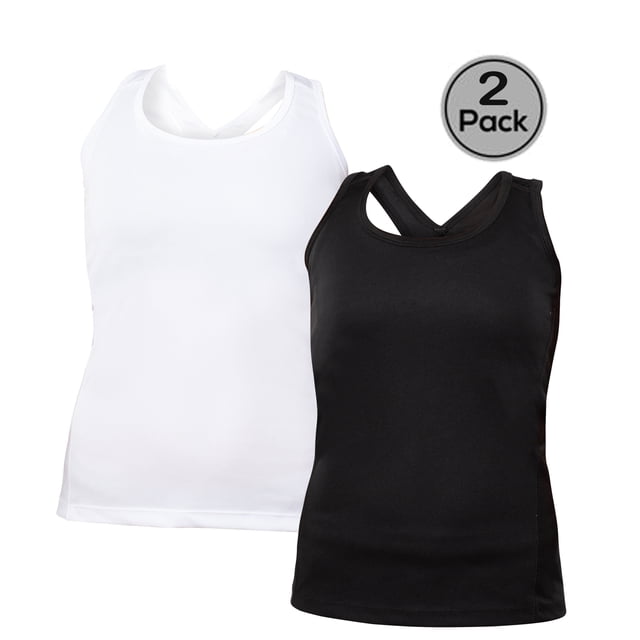 Blank Activewear Pack of 2 Women's Tank Top featuring a racer back design and quick-dry performance birdseye fabric. The set includes one black and one white tank top, both made from 100% polyester with moisture-wicking and breathable properties. Designed for comfort and performance, these lightweight tops are ideal for running, workouts, and everyday use. Each tank top has a tagless design, tear-away label, and reinforced shoulder seams for durability.