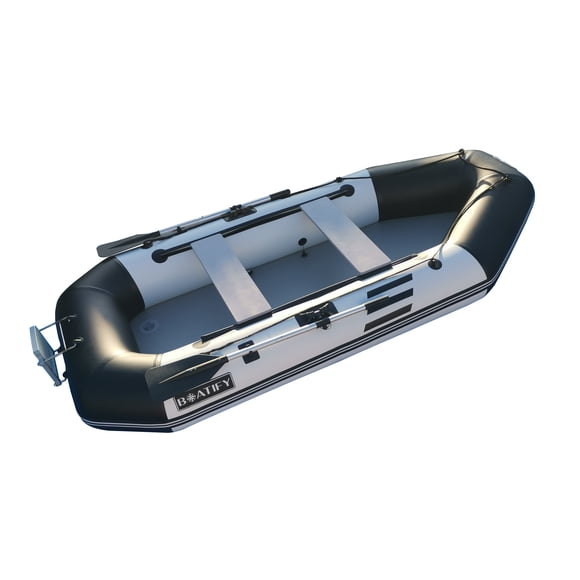 Boatify 7.5ft Inflatable Fishing Boat Raft Dinghy Pontoon with Air Floor with Motor Bracket-Black and White