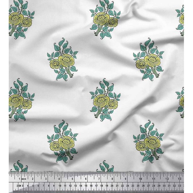 Soimoi Polyester Crepe Fabric Leaves & Floral Block Print Fabric by The Yard 52 Inch Wide