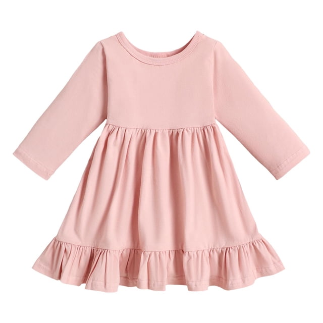 SXcggal One Robe Unie de Printemps et d'Automne pour Petites Filles, Manches Longues, Col Rond, Jupe Trapèze, Respirante, Mignonne, Décontractée, Robe pour Fille