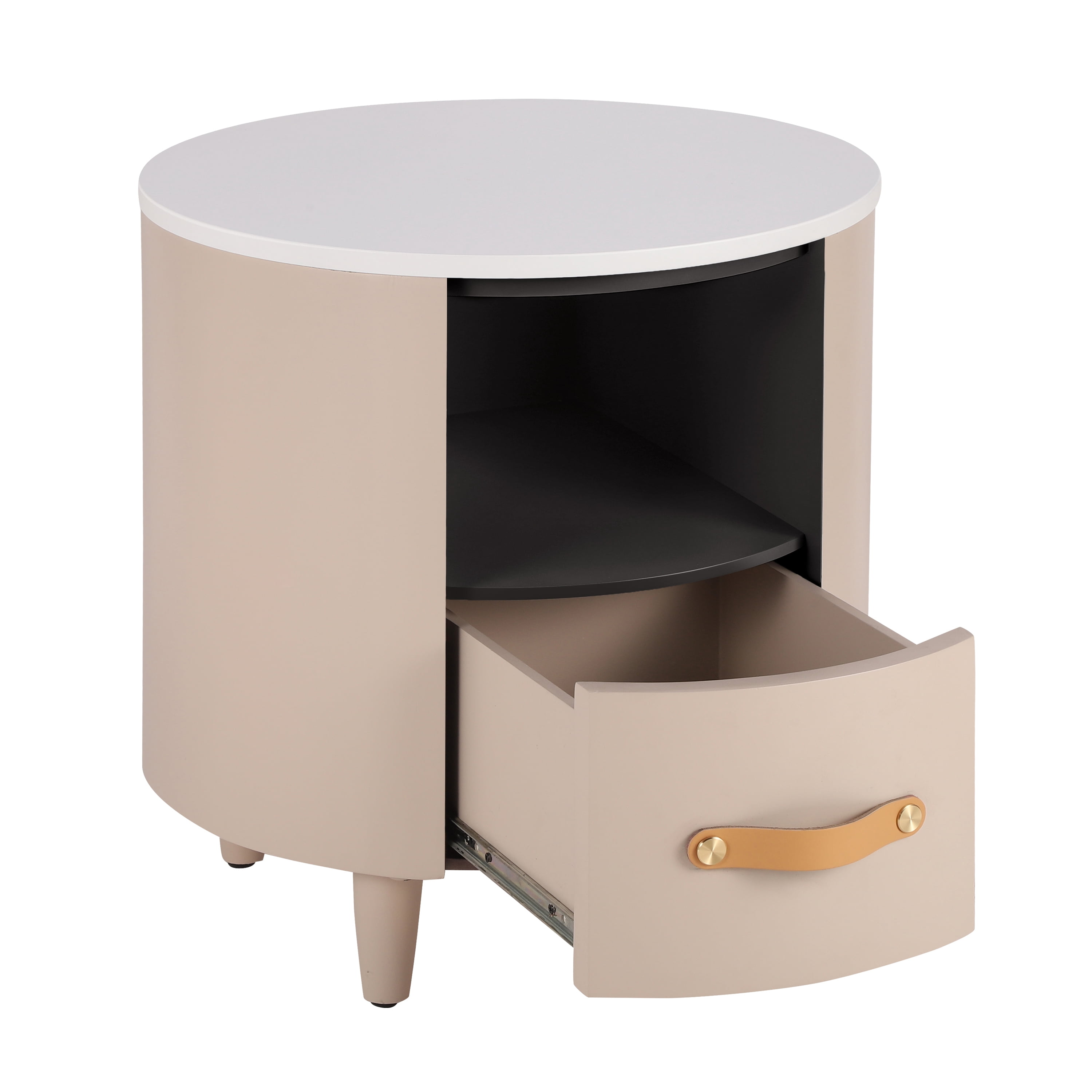 Noble House Modern Round Nightstand with Drawer and Open Shelf, Curved Bedside Table,Khaki