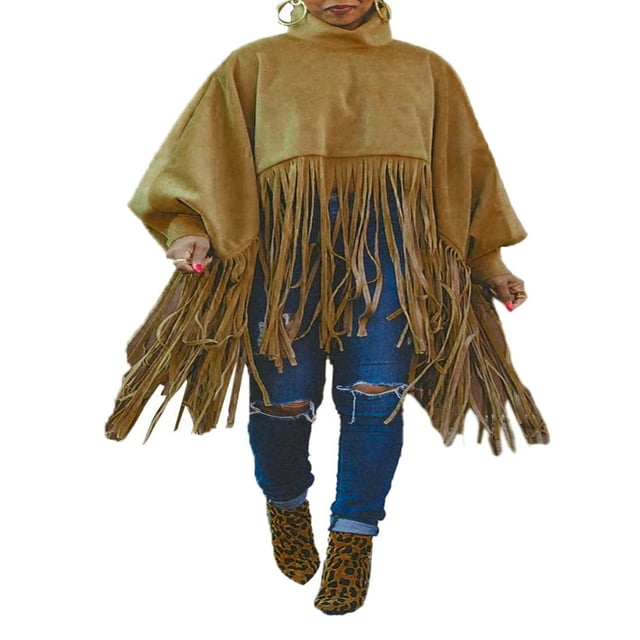 Womens Turtleneck Fringe Tops Solid Color Batwing Sleeve Plus Size Poncho Oversized Tassel Sweatshirt