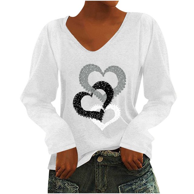 CEHVOM T-Shirt à Manches Longues à Col en V Imprimé Décontracté pour Femmes, Chandail, Hauts, Liquidation