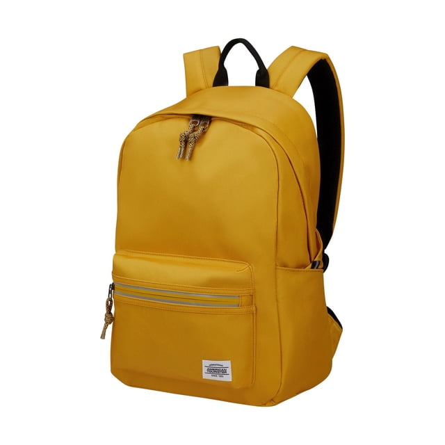American Tourister Brightup Backpack in mustard yellow made from 100% recycled PET fabric, featuring padded shoulder straps, a front zippered pocket with reflective strip, side water bottle pockets, and a concealed back security pocket, suitable for kids' casual use.