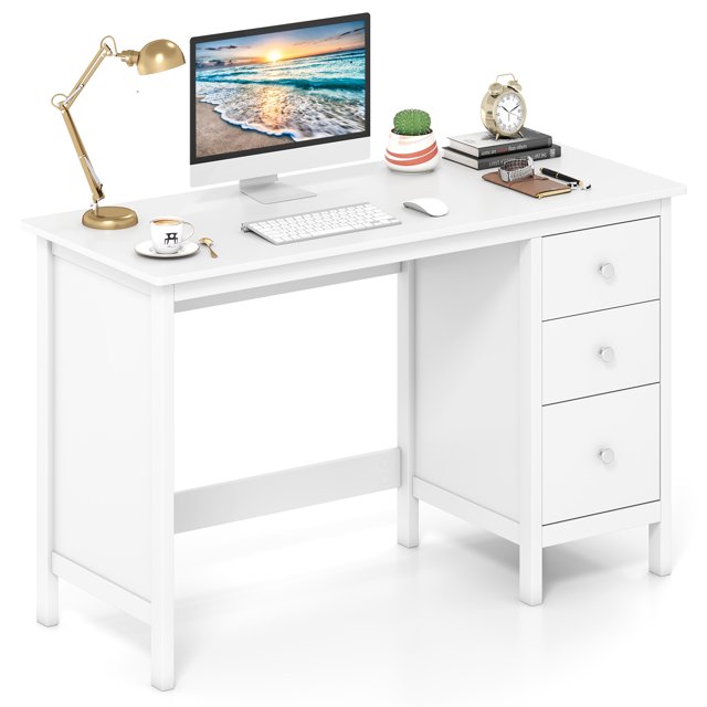 Patiojoy Computer Desk w/ 3 Drawers 48" Wide Writing Desk with Storage Laptop Study Desk White