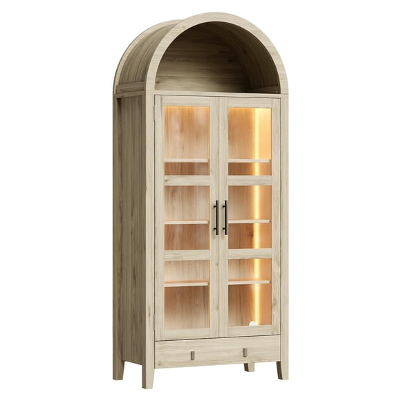 EDTara 71" Tall Arched Kitchen Pantry Cabinet, Modern Farmhouse Storage with LED Lights, Open/Adjustable Shelves, Hidden Drawer & Glass Door
