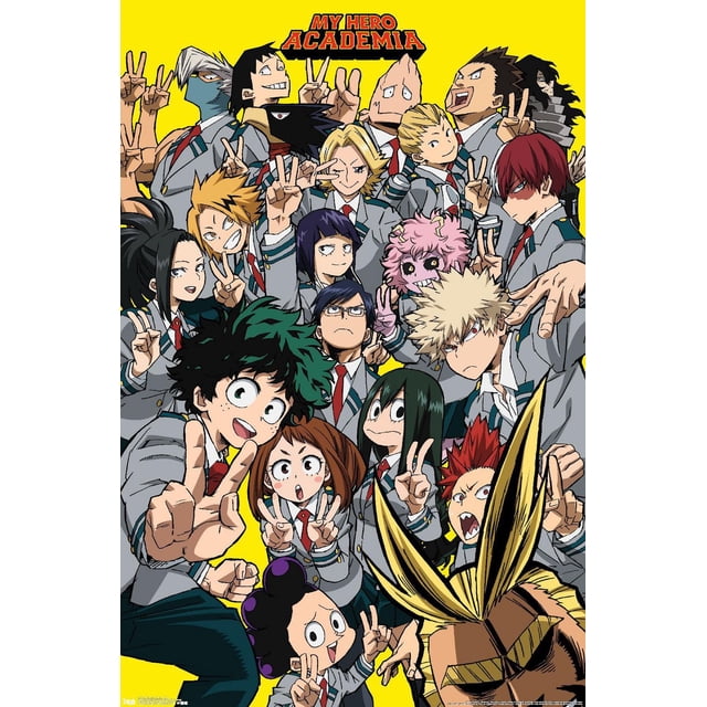 My Hero Academia - Affiche Murale Selfie, 22,375 Po x 34 Po Mettant en Vedette des Personnages d'Anime en Uniformes Scolaires Gris avec Cravates Rouges Posant avec des Signes de Paix sur un Fond Jaune Vif avec le logo My Hero Academia, Imprimée sur Papier Lustré, Convient à la Décoration Murale de Chambre, Dortoir Ou Bureau.