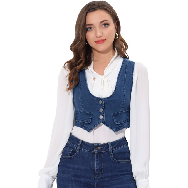 INSPIRE CHIC Women's Denim Button Up Vintage Sleeveless Jean Crop Racerback Vest Mid-Blue S
