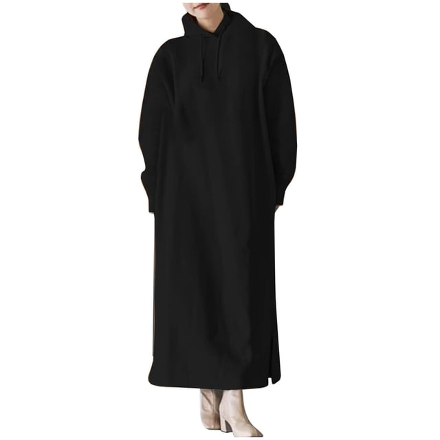 cfhntfmh Robes Grande Taille pour Femmes à Manches Longues, Chandails à Capuchon Doux, Robe Chandail en Molleton Chaude en Molleton, Longue Robe Maxi Fluide en Noir. la Robe Présente une Coupe Décontractée avec Manches Longues, une Capuche avec Cordons de Serrage, et un design Maxi Fluide. Fabriquée en Tissu Doux et Respirant, Elle Convient aux Sorties Décontractées, au Travail Ou aux Événements en Soirée. Conçue Ici avec des Bottines Blanches.