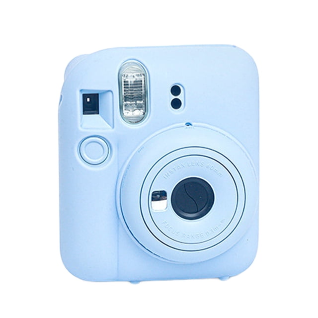 Premium Durable and Shockproof Soft Case Silicone Protective Cover for Instant Camera Mini12 in a light blue color. The case is designed to fit snugly around the Instant Camera Mini12, providing superior durability and impact resistance. It features precise cutouts for easy access to buttons and ports, a non-slip surface, and an ultra-slim, lightweight design. The silicone material offers anti-fingerprint properties and ensures the camera remains clean and stable.