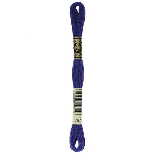 DMC Blue Cotton 6 Strand Floss 8m skein in deep blue, made from 100% long staple Egyptian cotton with six easily separated strands, featuring two paper labels with brand and product codes, ideal for cross-stitch, embroidery, and needlepoint projects.