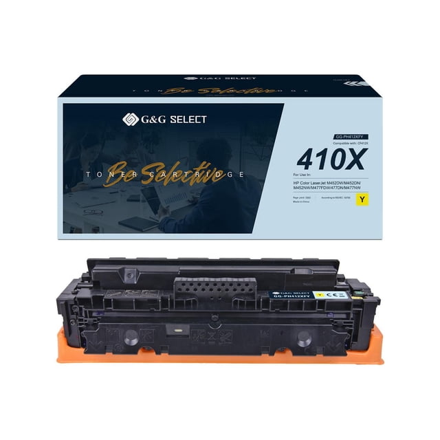 G&G Select HP CF412X Remanufactured Yellow Toner Cartridge displayed with its packaging box marked 410X, compatible with HP Color LaserJet M452 and M477 series printers, featuring a black cartridge with an orange protective base and yellow color label, designed for high-yield printing up to 5000 pages with consistent OEM-quality performance.