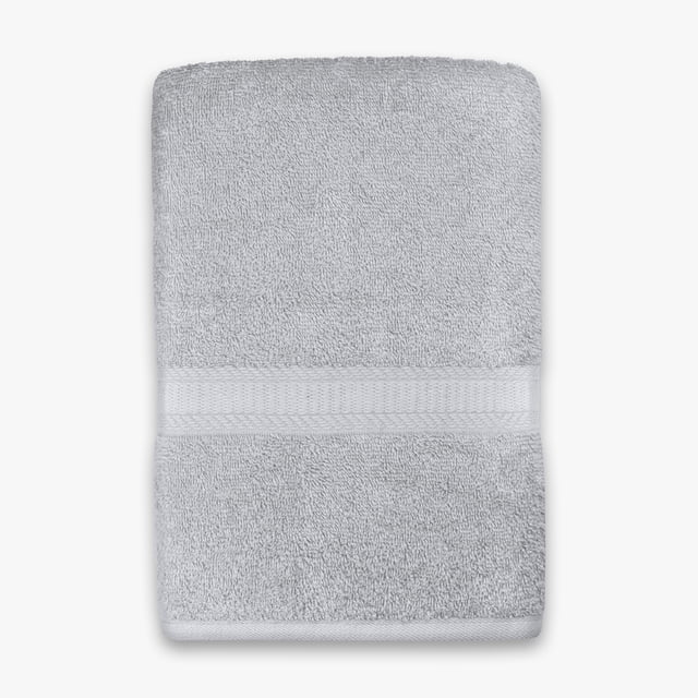 Mainstays Basics Solid Bath Towel in grey, folded with visible cotton terry loops and a horizontal woven band detail, sized 27 by 52 inches, offering softness and absorbency for everyday bathroom use, also suitable as a gym or travel towel.