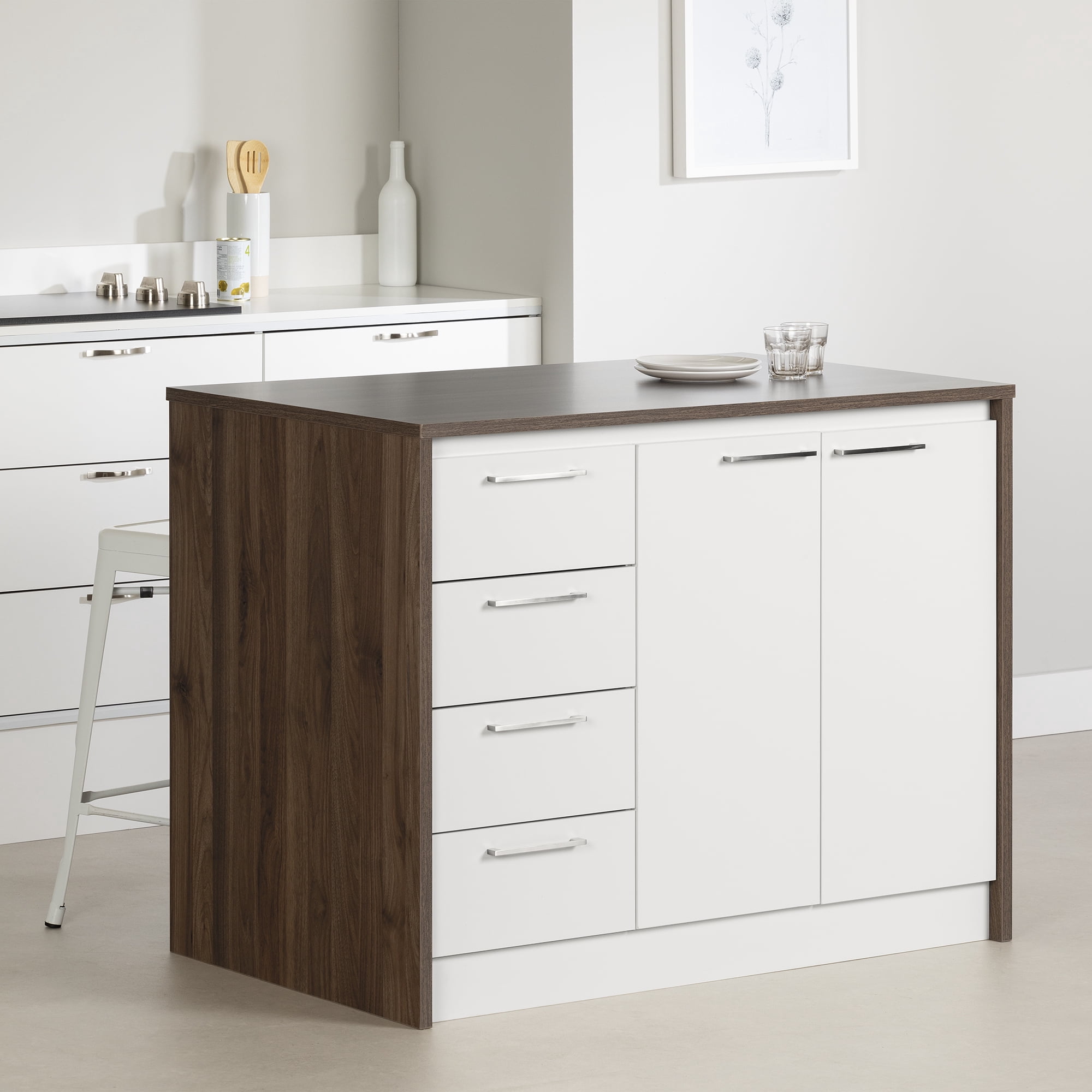 Îlot de cuisine avec rangement, fini Noyer naturel et Blanc, collection Myro de Meubles South Shore