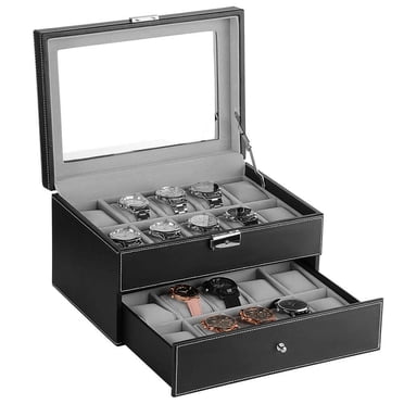 Lockable Leather Watch Box, 20 Girds 2 Tier Jewelry Case Storgage Organizer Mens Watch Box with Removable Storage Pillows & Drawer