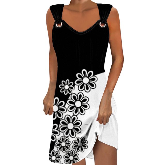 Penkiiy Robes pour Femmes 2024 Imprimé Marbre Col Rond Décontracté Sans Manches Robe à Bretelles Robe d'Été Babycon Sortie Décontractée Robes de Fête 2TG Multicolore
