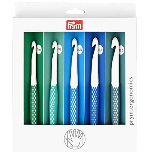 Prym Ergonomics Crochet Hook Set, Large (7mm, L, M, N, O) containing five ergonomic crochet hooks with rubberized grips in green, teal, and blue, featuring optimized hooks for easy yarn catching and smooth stitch transitions, designed to reduce hand fatigue during crocheting.