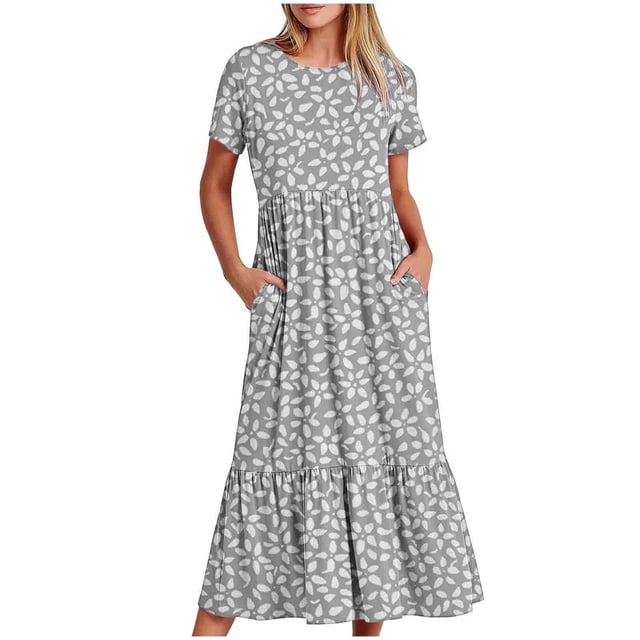 Pisexur Robes d'Été pour Femmes à Col Rond, Robe Fluide Plissée Tendance à Manches Courtes, Mode avec Poche, Robe d'Été de Plage Évasée à Imprimé Floral