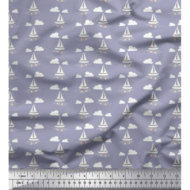 Soimoi Modal Satin Fabric Cloud,Fish & Yacht Nautical Print Fabric by The Yard 42 Inch Wide