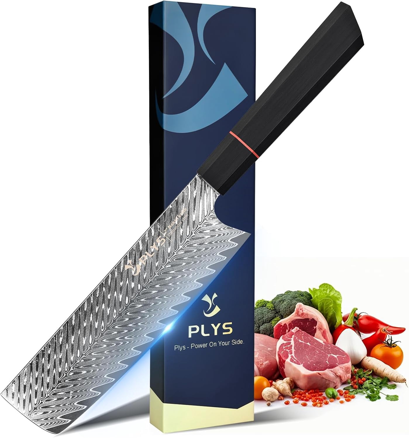 Plys Japanese Nakiri Knife, 6.6 Inch Damascus Chef Knife, Professional Kitchen Knife Razor Sharp Meat Cleaver with G10 Ergonomic Handle