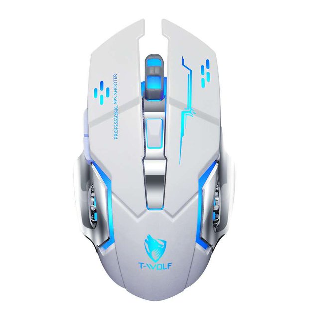 Thunder Wolf Q13 Charging Mute Wireless Mouse in a sleek white design with luminous blue accents. This ergonomic mouse features dual wireless modes via USB 2.4 GHz receiver and Bluetooth 5.0, allowing connection to two devices. It offers 3-level adjustable DPI settings (800/1200/1600) for customizable sensitivity, ideal for gaming or professional tasks. The silent click function ensures noise-free operation, suitable for quiet environments like offices or libraries. The advanced mechanical technology provides precise tracking, and the luminous design adds a stylish touch to any setup.