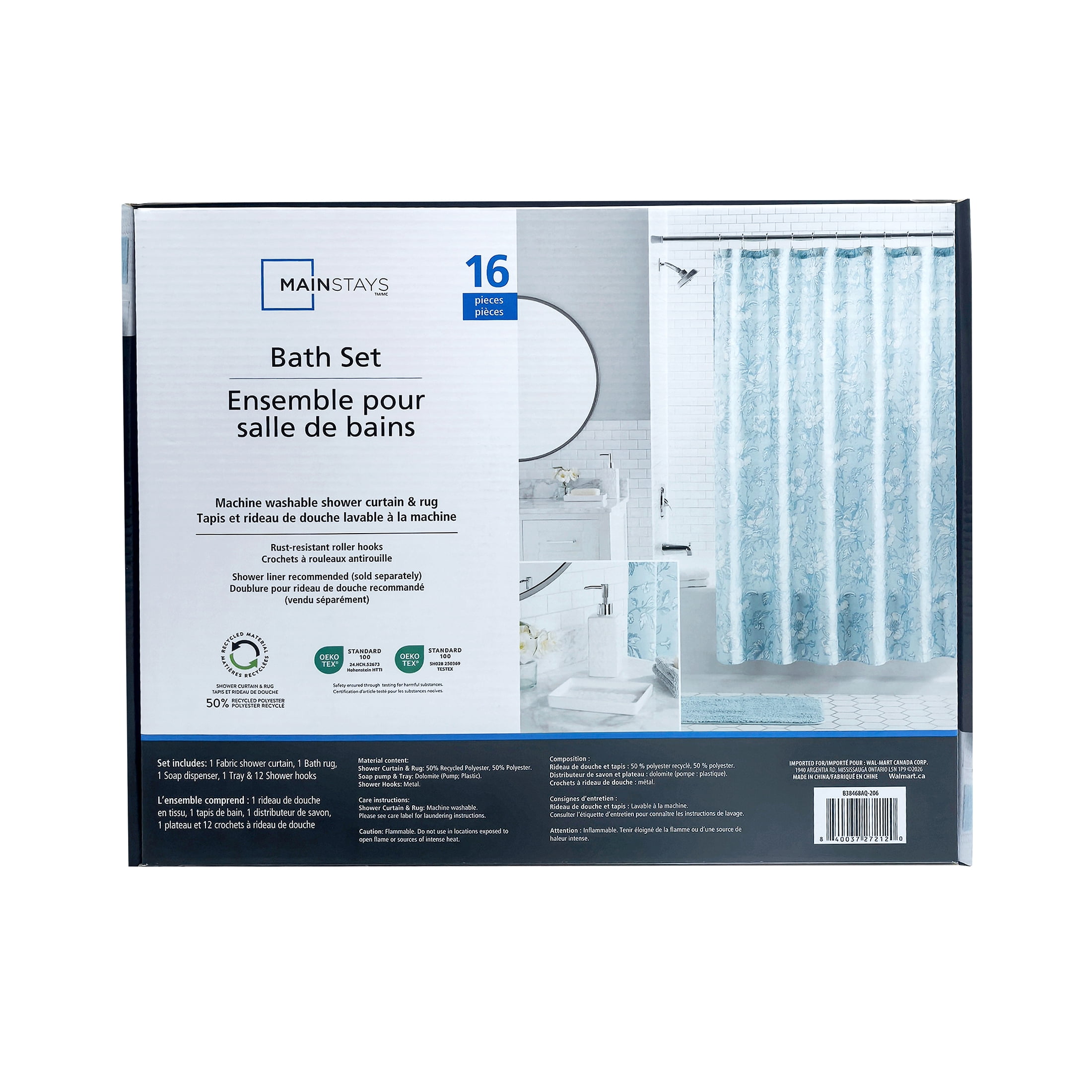 Ensemble de salle de bain Mainstays de 16 pièces à fleurs bleues – Rideau de douche en tissu avec tapis, crochets, distributeur de savon et plateau