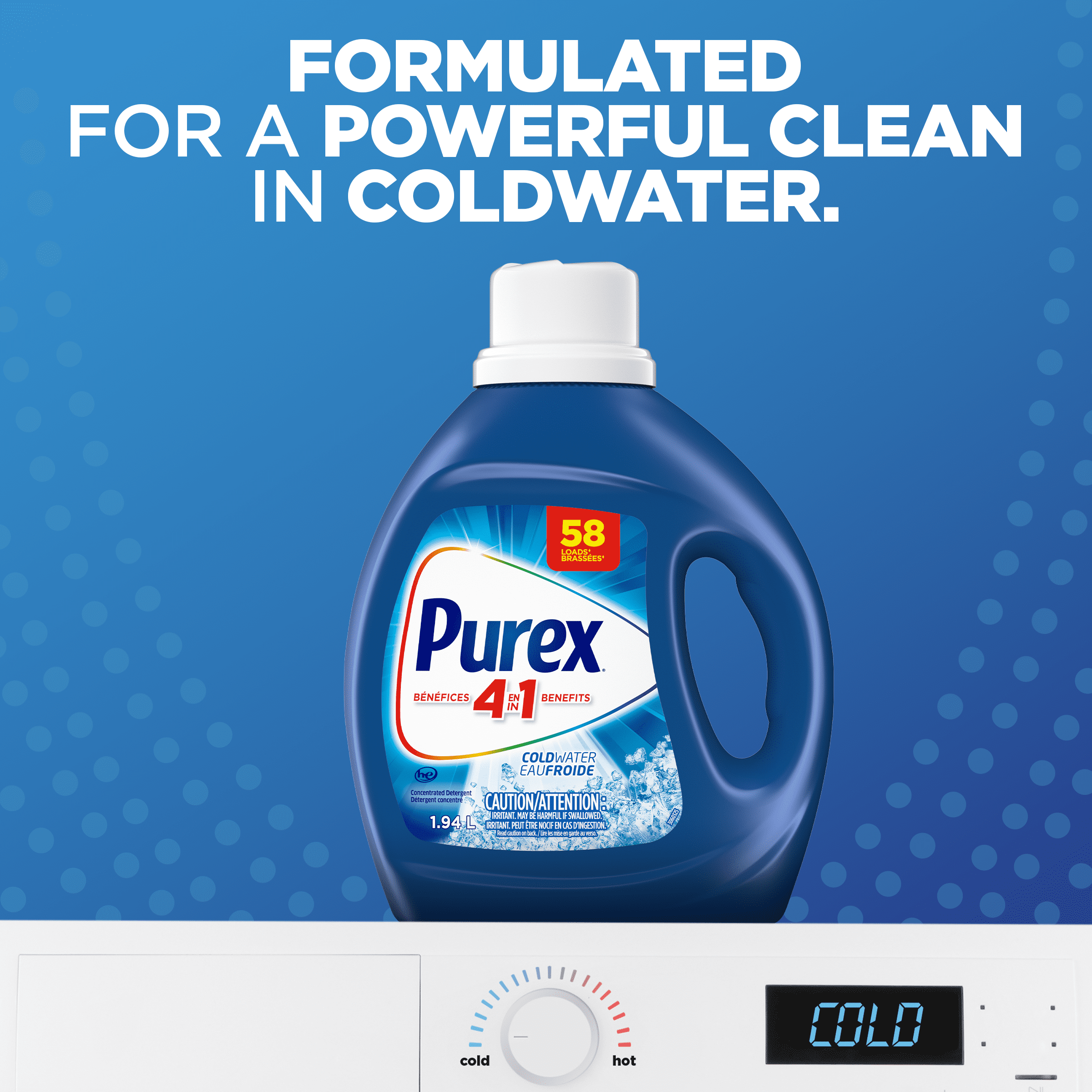 Détergent à lessive liquide concentré avec bénéfices 4-en-1, Purex Eau froide, puissant contre les taches, ravive et blanchit les vêtements, 1,94 L, 58 brassées, compatible avec les laveuses HE