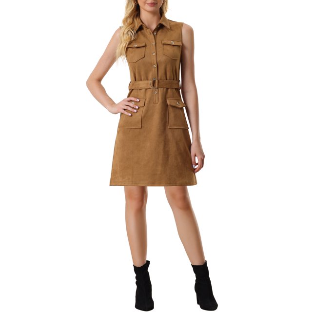 INSPIRE CHIC Robe en Faux Suède pour Femme, Col Rabattu, Taille à Nouer, Sans Manches, Mini-Robe Boutonnée, Brun, m
