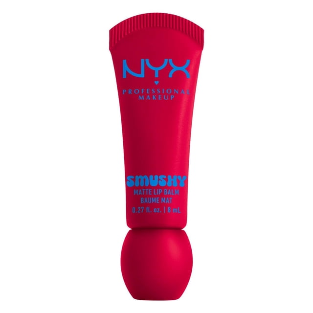 NYX Professional Makeup Smushy Matte Lip Balm in a red tube with blue text, containing 8 mL of vegan tinted lip balm that provides a soft, buildable matte finish with a lightweight, smushy texture for comfortable all-day wear.