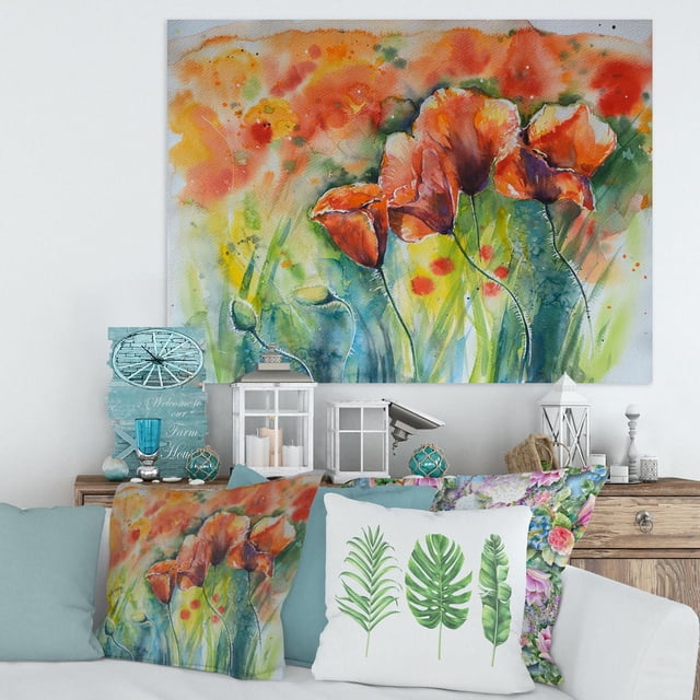 Designart Red Blossoming Poppies V Canvas Wall Art depicting orange and red poppies with green stems on a watercolor-style background, gallery-wrapped on premium cotton canvas and ready to hang, suitable for adding a traditional floral accent to farmhouse or cottage home décor.