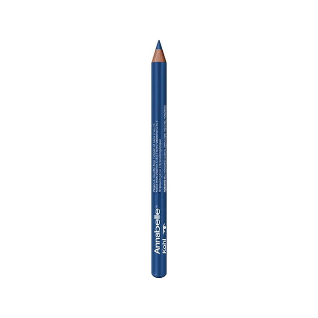 Annabelle Metallic Kohl Long-Lasting & Intense Vegan Eyeliner pencil in metallic deep blue with white branding text, sharpened to a fine point for precise application, suitable for sensitive eyes and contact lens wearers.