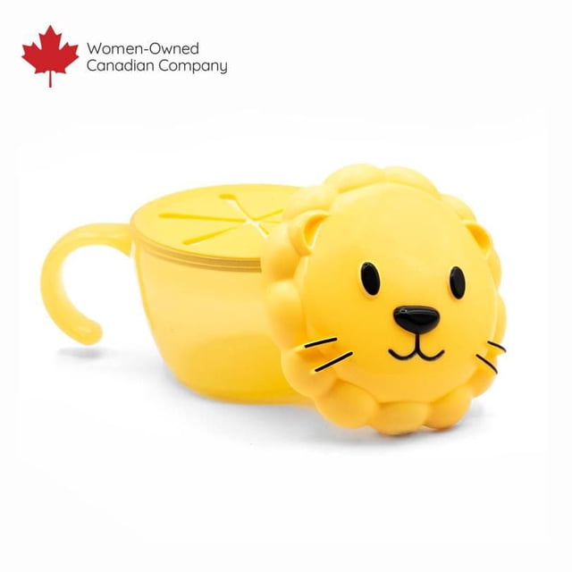 melii Animal Snack Containers with Finger Trap for Toddlers, Kids and Adults featuring a yellow lion-shaped lid and matching snack container with handle, airtight and leakproof for toddler dishes and snack storage at home or on the go.
