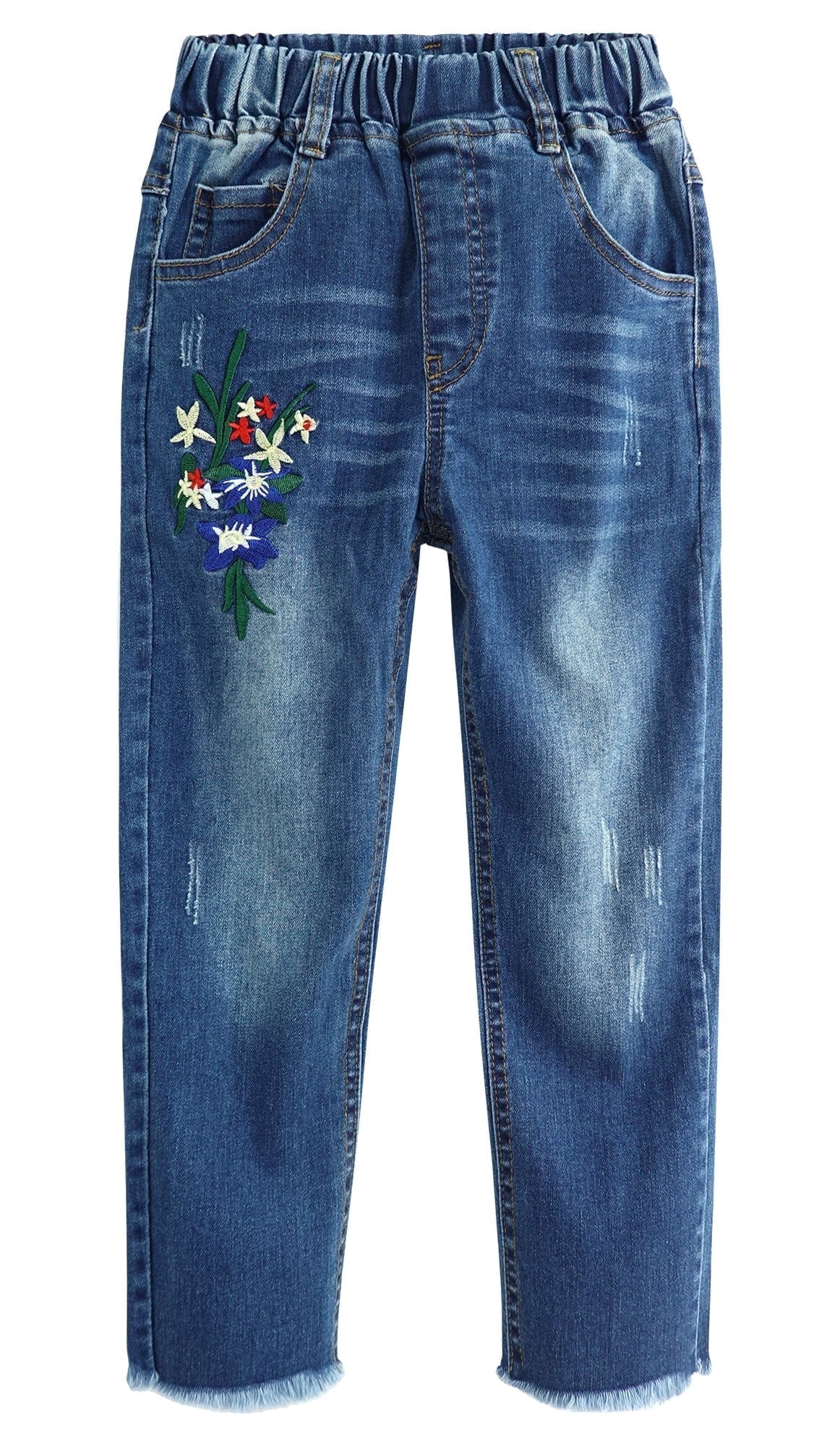 Kidscool Space Girls Floral Embroidered Ripped Washed Elastic Waist Jeans,Flower and Bowknot,11-12 Years