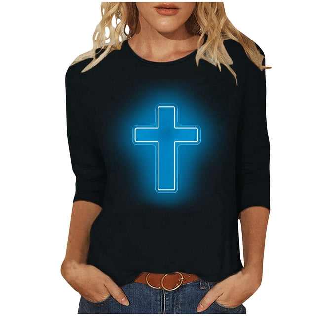 RKSTN Hauts pour Femmes Mode Décontractée Imprimé Crucifix Col Rond Manches 3/4 T-Shirt Couleur Unie Ajusté Blouse Printemps Été